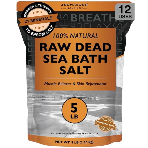 Aromasong Raw Dead Sea Bath Salt 5 lb – Minimally Cleaned, Mineral-Rich with Dead Sea Mud, 100% Pure Natural Soaking Salts
