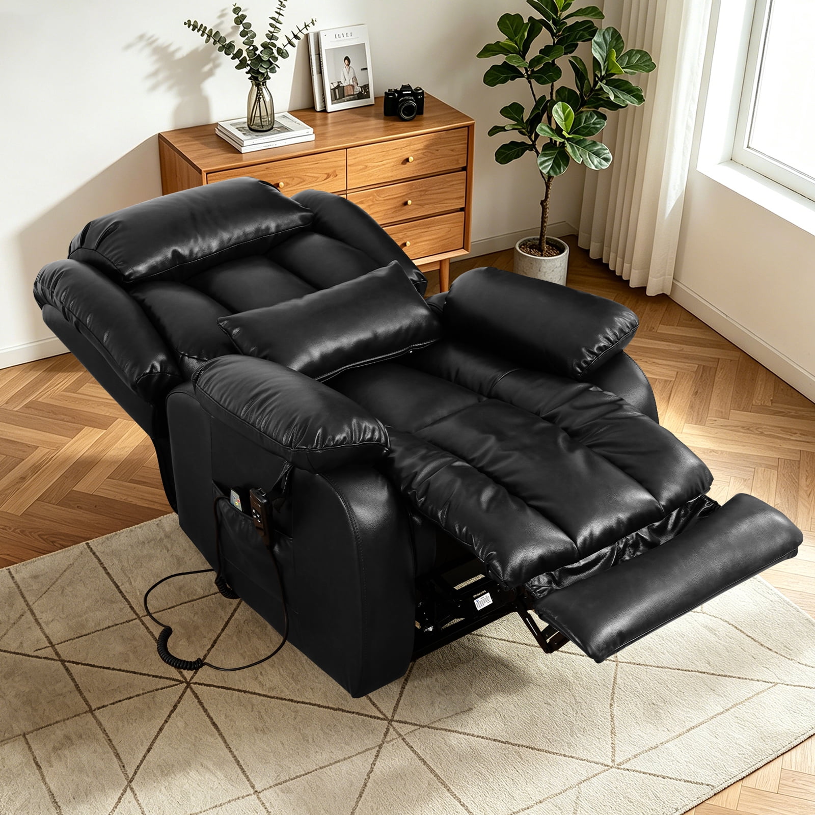 TEKAMON Infinite Position Lift Recliner Chair for Elderly with Heat Massage and Extended Footrest Lay Flat Sleeping Leather Dual Motor Power Lift Chair for Living Room (Black)