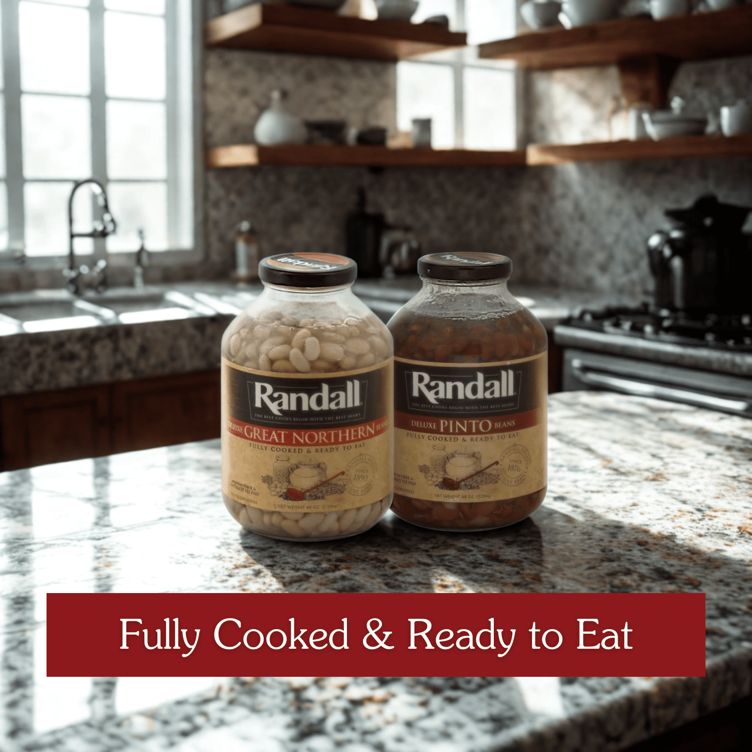 Randall Deluxe Great Northern Beans, 48 oz Glass Jar – Fully Cooked, Family Size (No Spice)