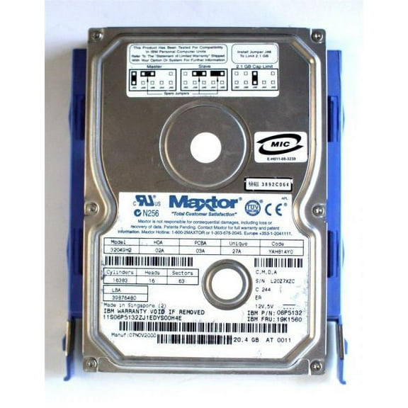 20.4gb hdd, 32049h2 02a 03a 27a yah814y0 (c,m,d,a) dl02a, 06p5132, 19k1560, 07nov2000