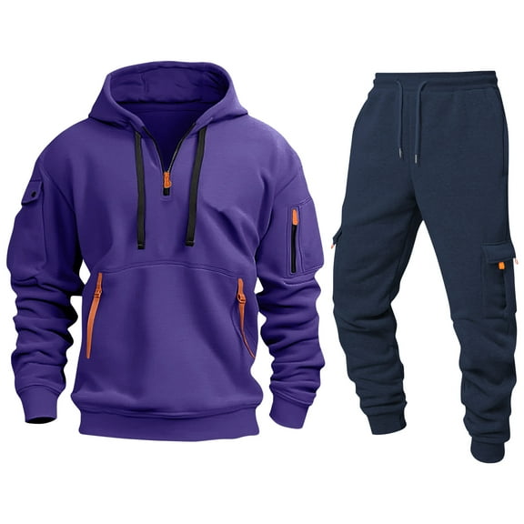 MLQIDK Mens 2 Piece Set Workout Gym Big and Tall Jogging Sweat Suits Sweatsuits Sport Fleece Hoodie and Cargo Sweatpants Athletic Jogging Suit Lounge Outfit Winter Suit Sets Navy L