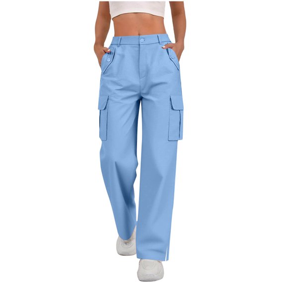 cfhntfmh Wide Leg Sweatpants for Women Cargo Pants for Laides High Waisted Split Hem Sweatpants for Women with Pockets(Blue,Large)