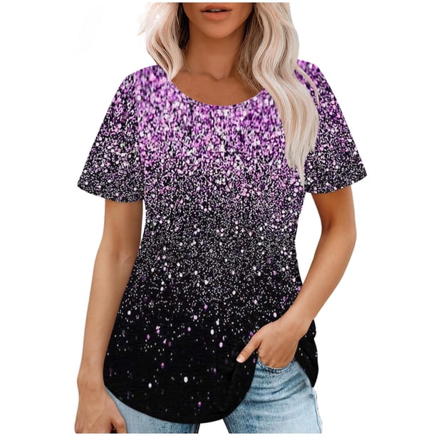 Tops Cortos para las Mujeres Cuello Redondo Suelto Impreso de Manga Corta, Tops Sueltos para las Mujeres