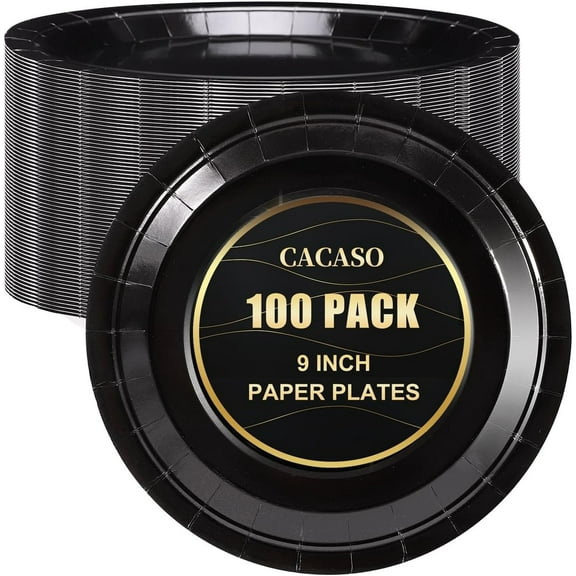 100 PCS Black Paper Plates, 9 Inches, Contemporary Style, Round, Disposable, Heavy-Duty, Ideal for Parties, Weddings, and Holidays