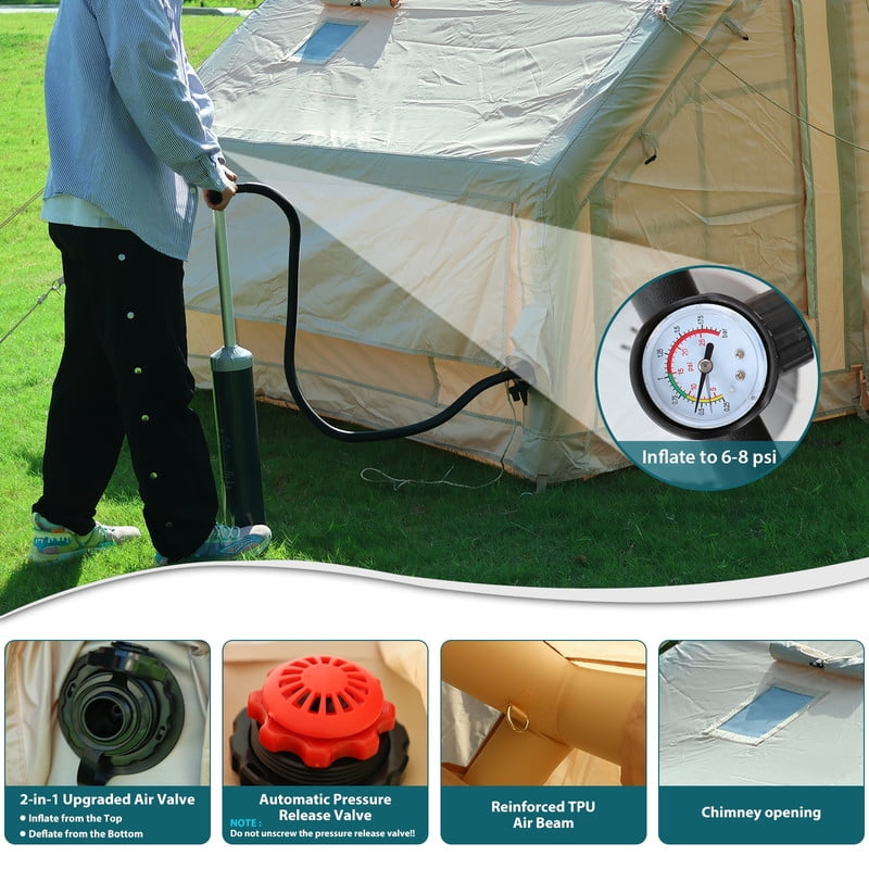 Inflatable Camping & Glamping Tent for Adults, Quick-Setup Blow-Up Tent with Air Pump, 2-in-1 Valve, Chimney Port, Waterproof & Windproof (68SF)