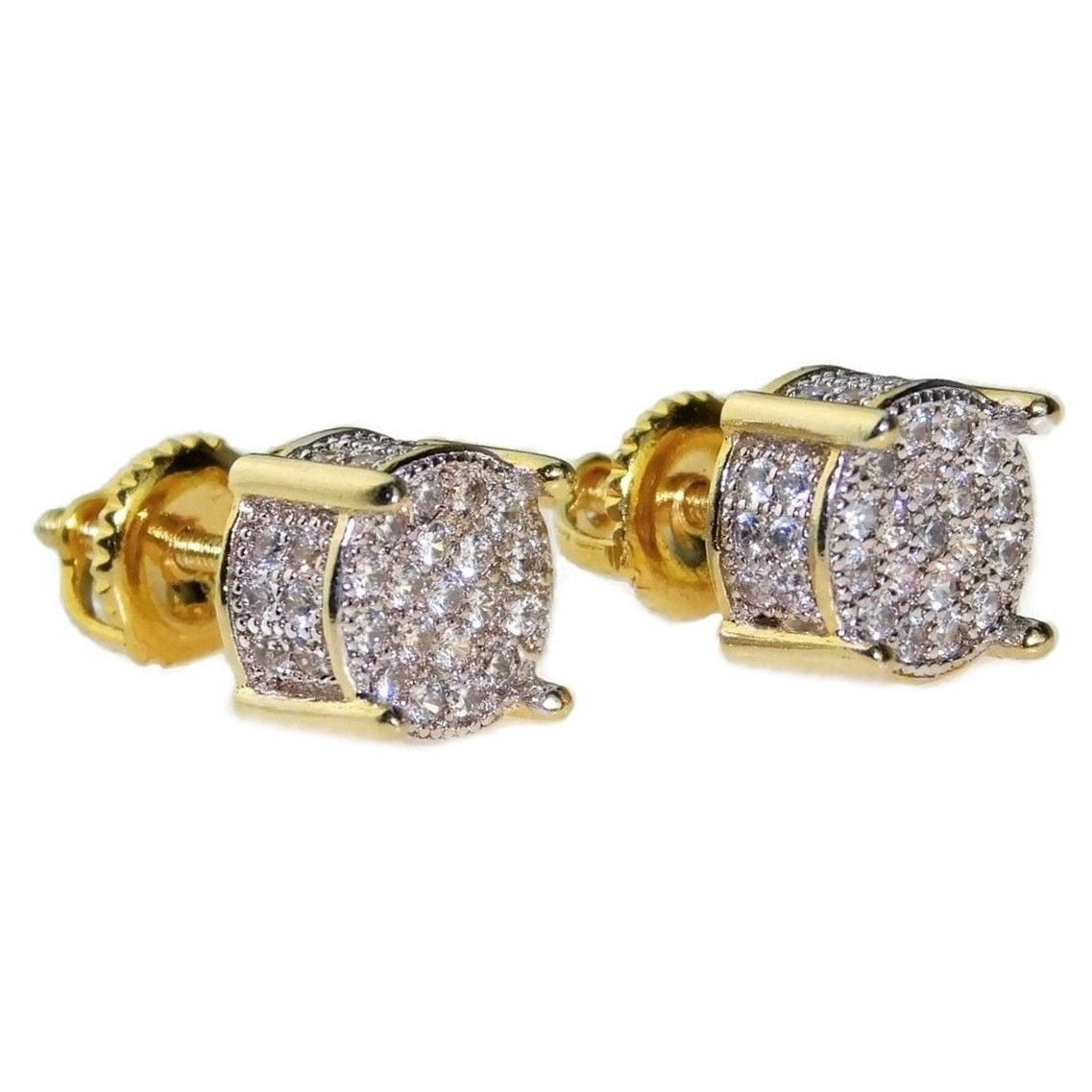 Men’s Micro Pave 14K Gold Iced Cz Round Hip Hop Shape Stud Screw Back Earrings 