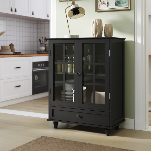 Black Minimalist Wooden Buffet Cabinet Double Glass Doors Storage Drawer Sideboard