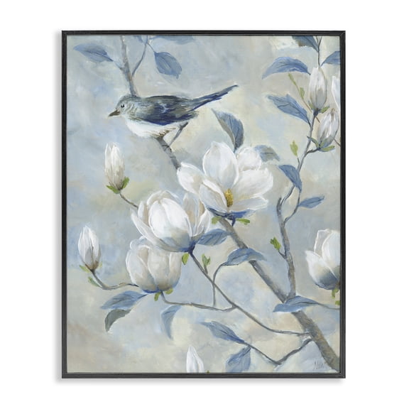 Stupell Industries Shabby Chic Blue Bird in Magnolia Tree Black Framed Giclee Art, 11 x 14, by Nan