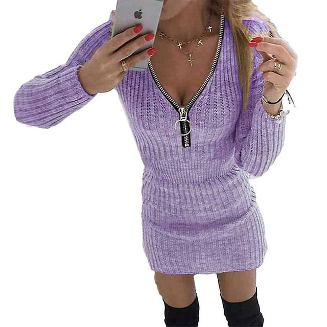 Plus Size Women Zip V-neck Jumper Dress Slim Fit Mini Dresses