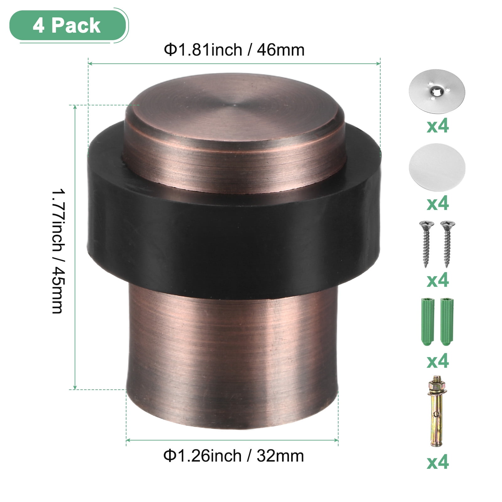 Uxcell 4-Pack Floor Door Stoppers, Stainless Steel Cylindrical Door Stop with Plastic Rubber Bumper [Copper Tone]