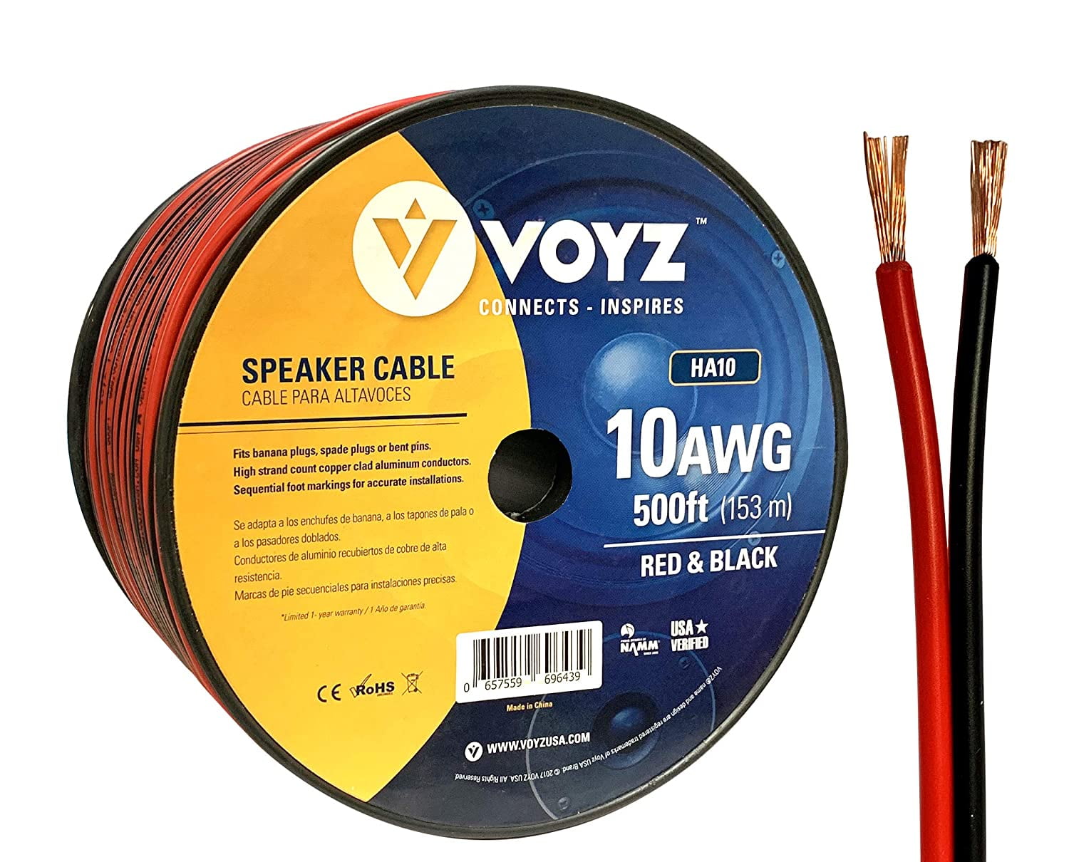 VOYZ 10 AWG Speaker Wire Cable with Flex Oxygen Free Black/RED PVC
