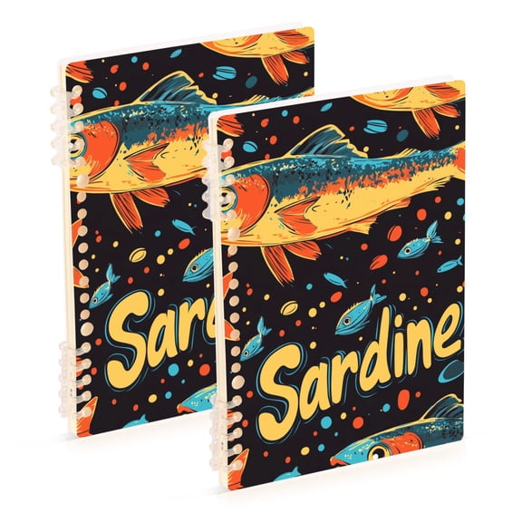 FORMRS 1-Subject Spiral Notebook 8" x 5" College Ruled 60 Refillable Sheet A5 Hard Cover, 2 Pack, Black Sardines Pattern