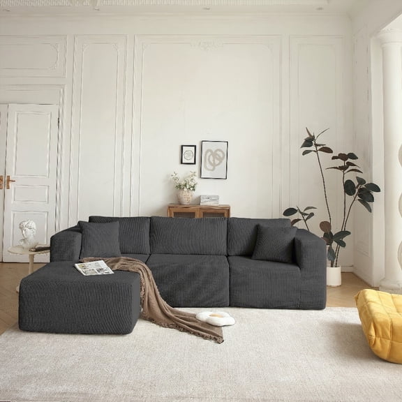 Mid-Century Modern Grey L-Shaped 3-Seat Sofa for Living Room (No Assembly Required, Premium Fabric)