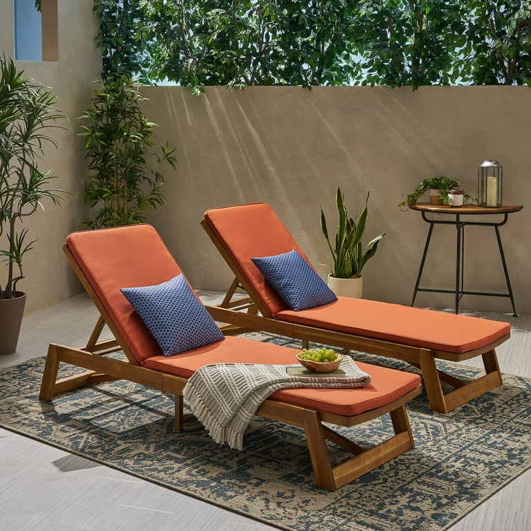 Noble House Maki Outdoor Acacia Wood Chaise Lounge in Teak and Orange Set of 2