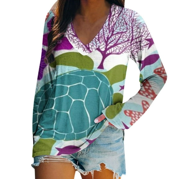 Womens Summer Beach Vacation Sea Turtle Tie-dye Long Sleeve V Neck T Shirts Casual Tops Tees