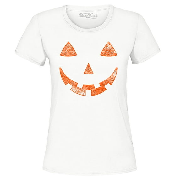 Shop4Ever Women's Jack O'Lantern Costume Pumpkin Face Halloween Graphic T-Shirt X-Large White