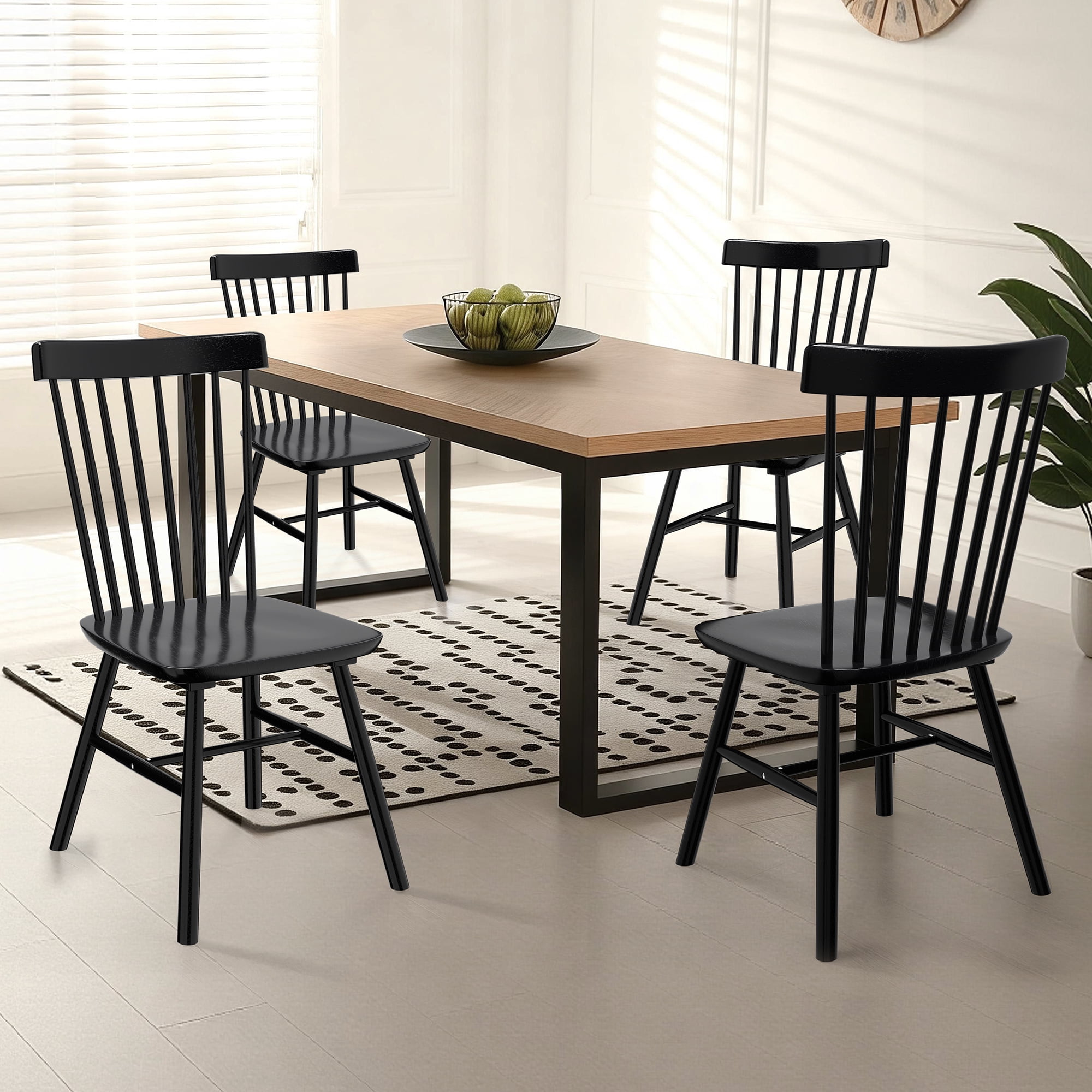 Dhole Windsor Spindle Back Dining Chair Set of 4, Solid Hardwood Kitchen and Dining Room Seating in Black