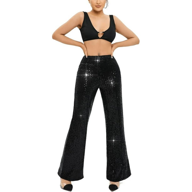 Bulingna Women Flare Pants, Shiny Sequined Stretchy Slim Fit Ladies Long  Trousers for Club Bar