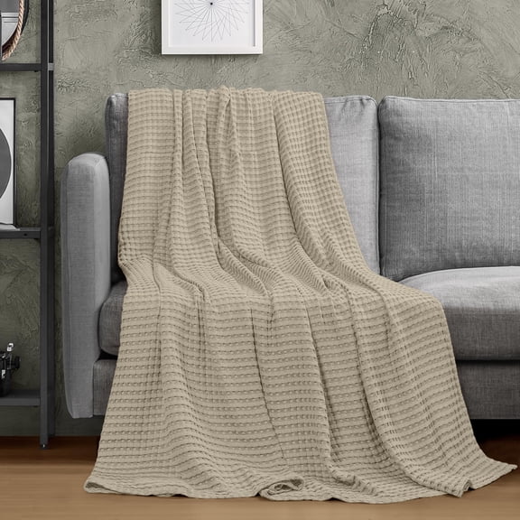 Utopia Bedding 100% Cotton Waffle Weave Blanket Throw Size for Couch Sofa - Lightweight, Breathable Summer Blankets Soft and Cozy, Gifts for Women Home Room Decor (Khaki, 56x60 Inch)