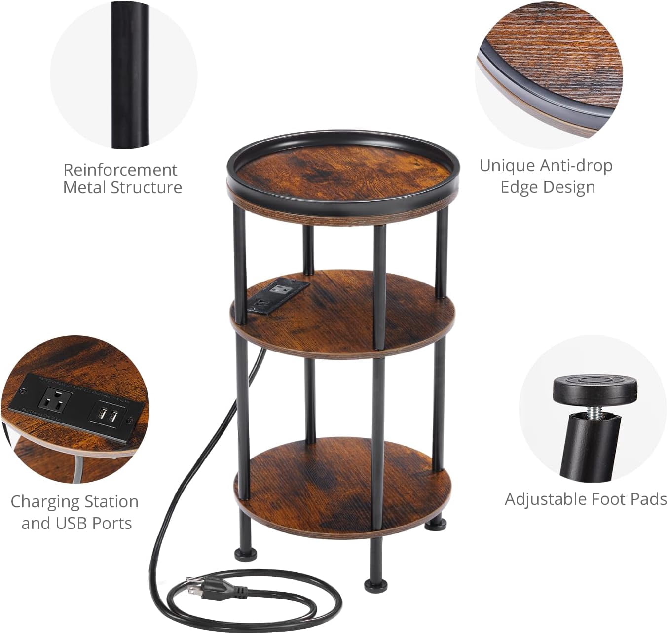 Small Round Side Table with Charging Station for Small Spaces, 3-Tier Round Accent Table with USB Ports & Power Outlets, Round Corner Table Tea Sofa Side Table for Living Room Bedroom (Rustic Brown)