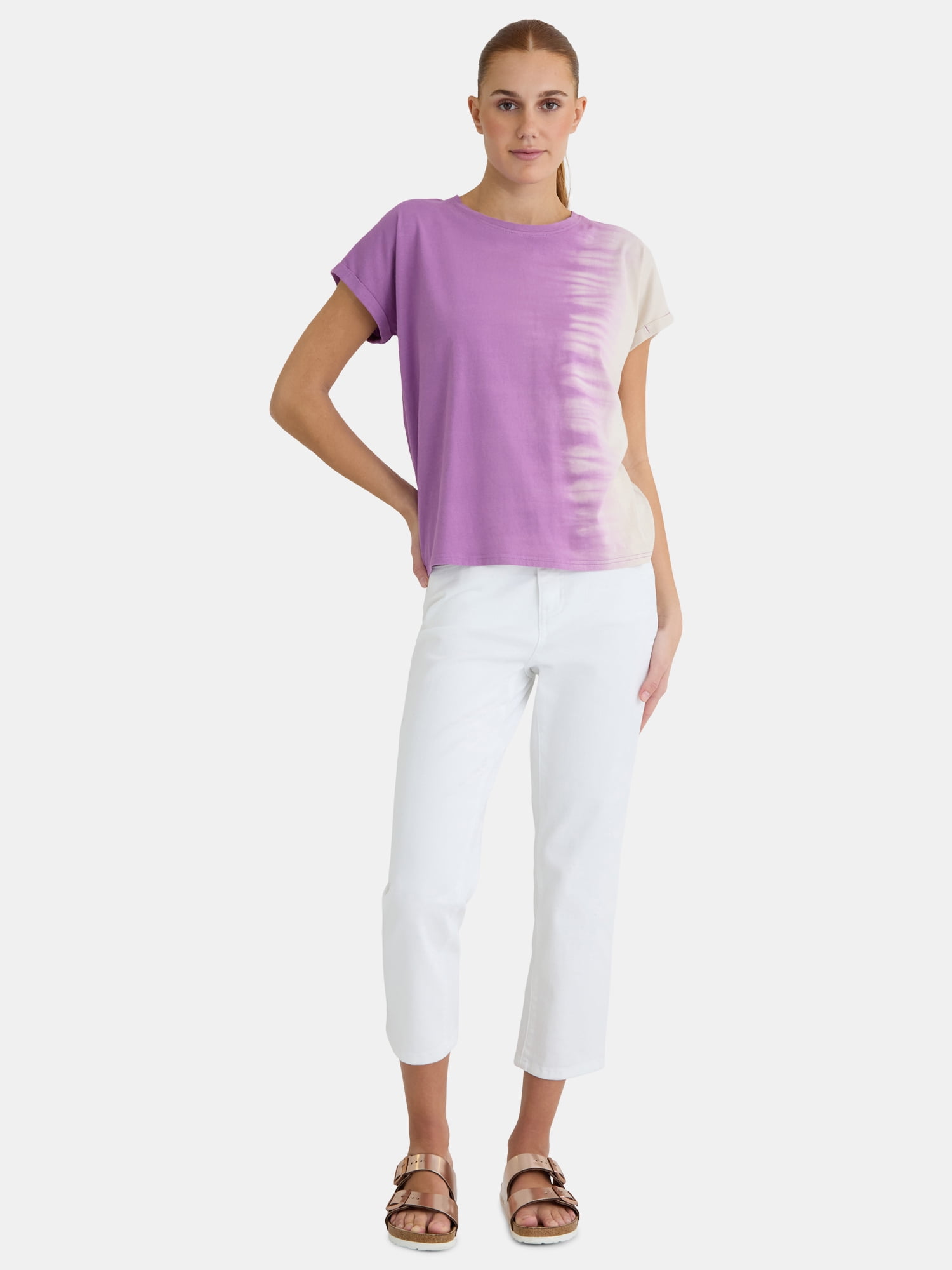 Time and Tru Women's Cotton Tie Dye Dolman Tee with Rolled Cuffs, XS-XXXL