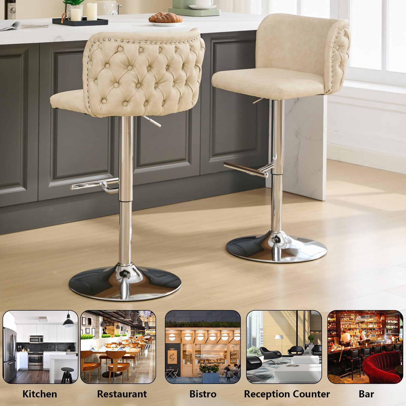 DONICK Swivel Counter Height Barstools,Upholstered Bar Stools Adjustable Height Nailhead Button Tufted Kitchen Island (PU,Cream,Set of 6)