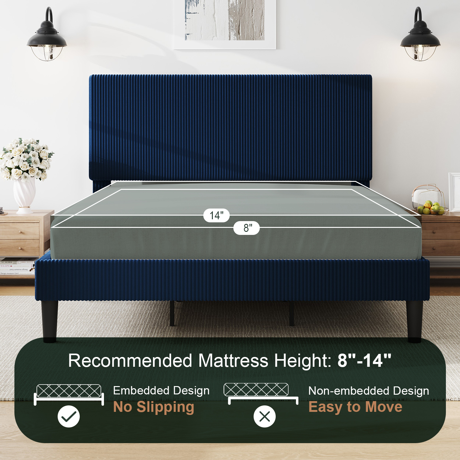 Amolife King Size Platform Bed Frame with Corduroy Fabric Upholstered Adjustable Height Headboard, Dark Blue