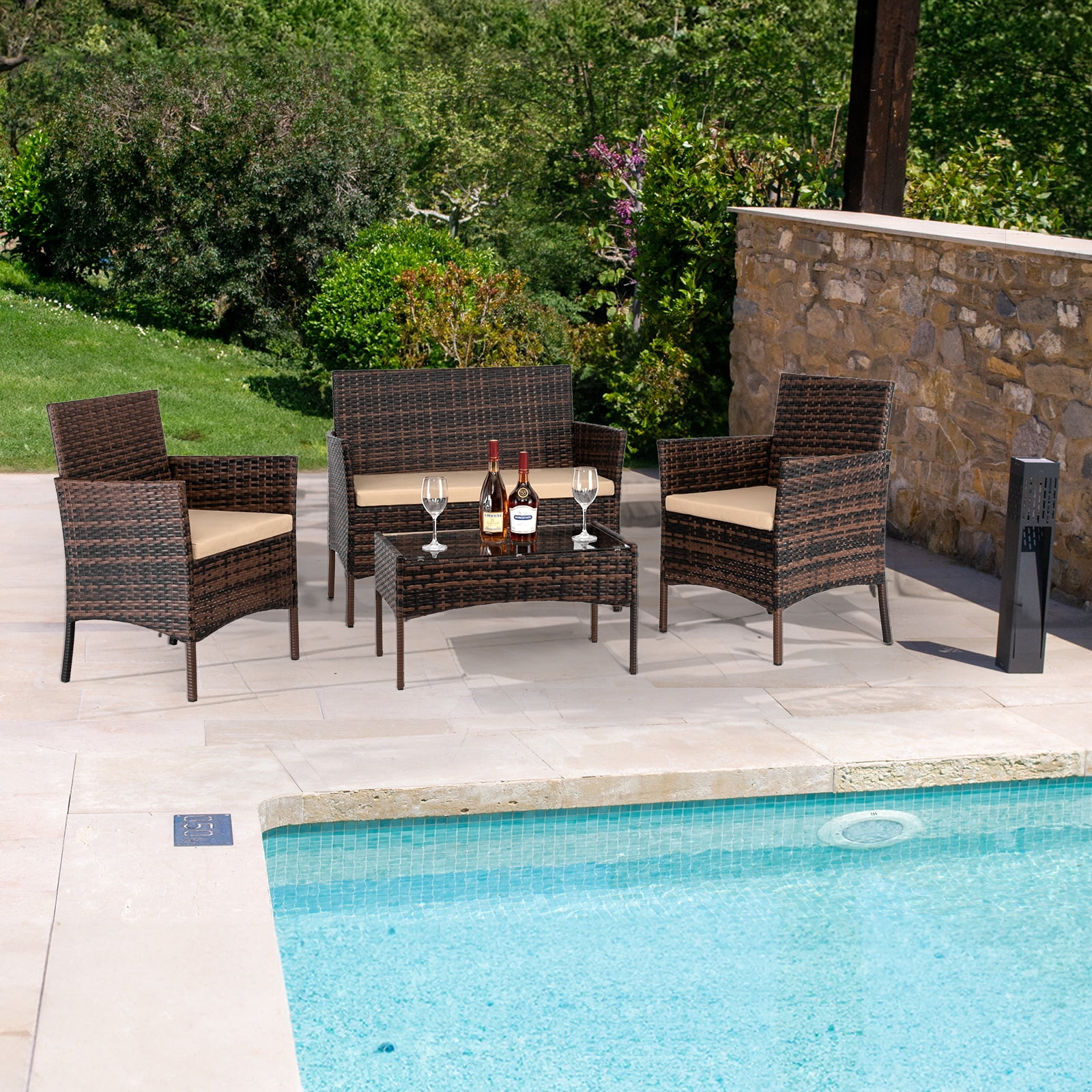 Zimtown 4-Piece Outdoor Wicker Conversation Set, Rattan Sofa Furniture for Garden Patio, Rattan Furniture for Outdoor and Indoor, Brown