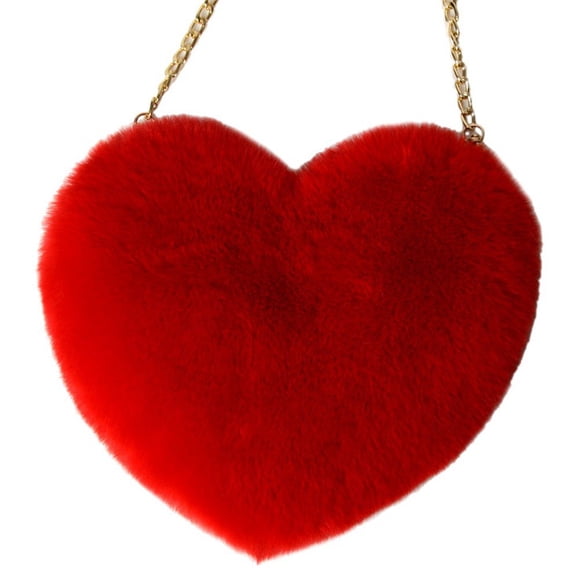 Jiibva Heart Shaped Handbags Plush Heart Purse Plush Heart Crossbody Bag Faux Fur Shoulder Bag Plush Chain Wallet Lady Handbag