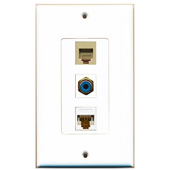RiteAV - 1 Port RCA Blue and 1 Port Phone RJ11 RJ12 Beige and 1 Port Cat6 Ethernet White Decorative Wall Plate Decorative