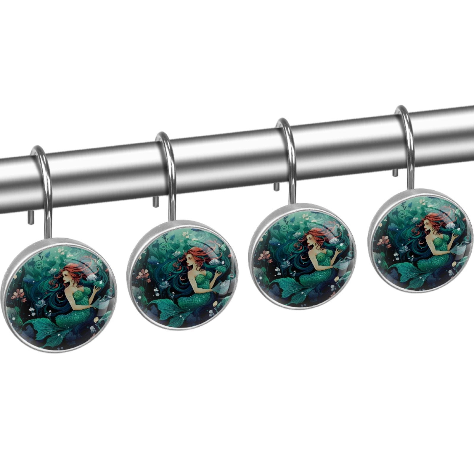 HemaKayy 12 Pcs Decorative Shower Curtain Hooks - Stainless Steel Rings for Bathroom Décor - Easy Glide & Secure Hold - Perfect Decoration for Bathroom Shower Rods - Ocean World Mermaid