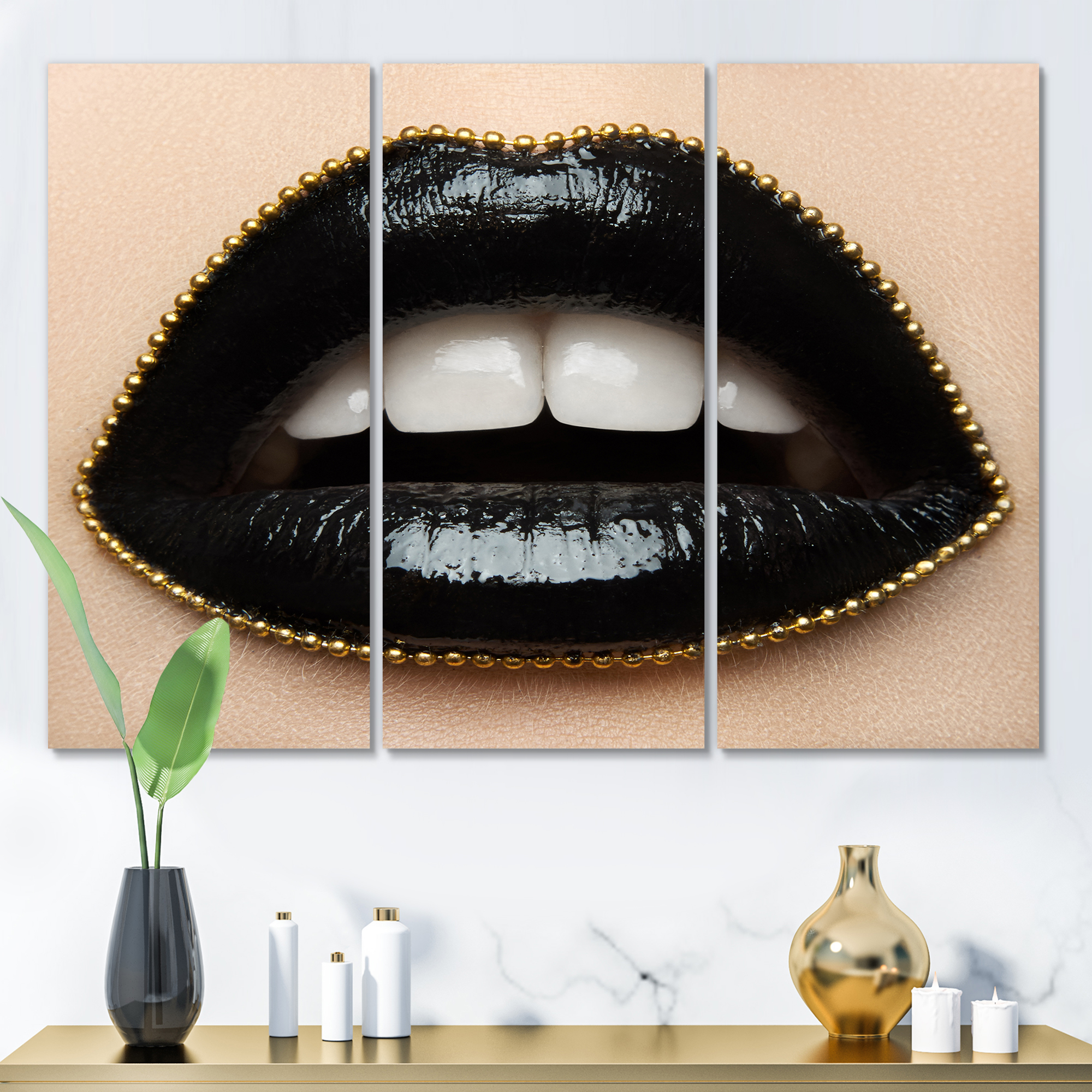 Designart ' Woman Lips With Black Lipstick & A Gold Chain ' Modern Canvas Wall Art Print