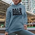 thumbnail image 2 of Read More Books, Reading Enthusiast or Book Lover Quote, Groovy Retro Wavy Text Merch Gift, Light Blue Hooded Sweatshirt or Hoodie, Medium, 2 of 5