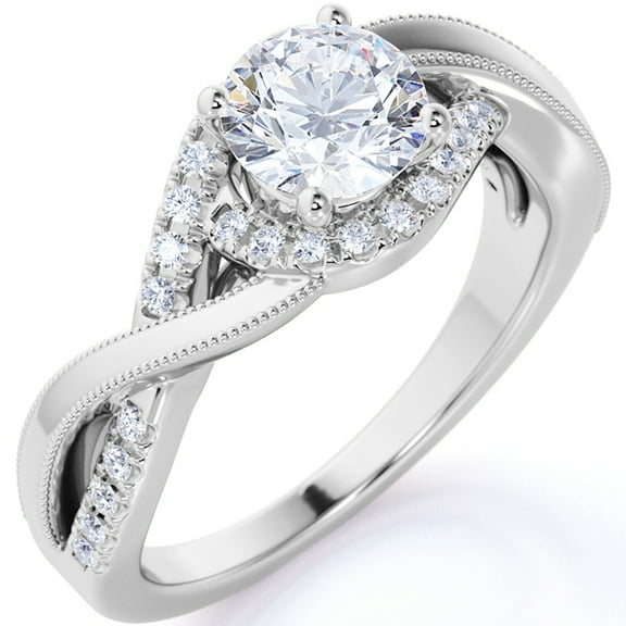 JeenMata Elegant 1 Carat - Round Moissanite - Pave - Twisted Band - Infinity - Swirl Engagement Ring - 10K White Gold
