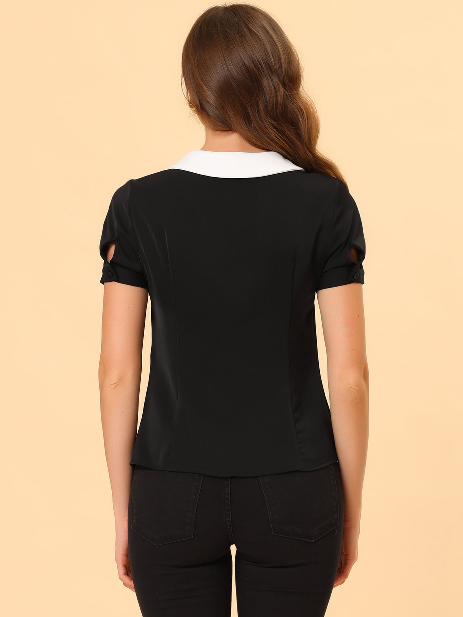 DARING DIVA Women's Contrast Collar Button Down Chiffon Blouse XS Black