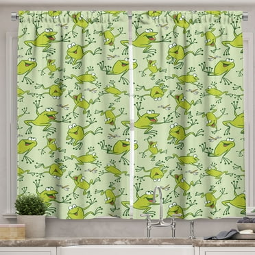 Ambesonne Cartoon Kitchen Curtains, Frogs Dragonflies, 55"x45", Pale Green Apple Green