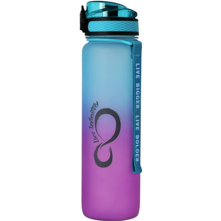 

Live Infinitely Gym Water Bottle with Time Marker Fruit Infuser and Shaker 34 Oz Galaxy