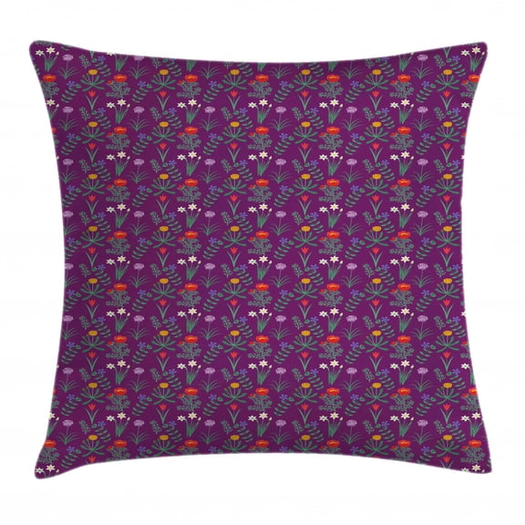 Periwinkle Throw Pillow Cushion Cover, Illustration of Various Spring Flowers and Leaves Botanical Artwork, Decorative Square Accent Pillow Case, 24" X 24", Dark Mauve Multicolor, by Ambesonne