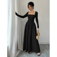 thumbnail image 5 of Black Womens Square Neck Long Sleeve Cinched Waist A-Line Maxi Dress, 5 of 7