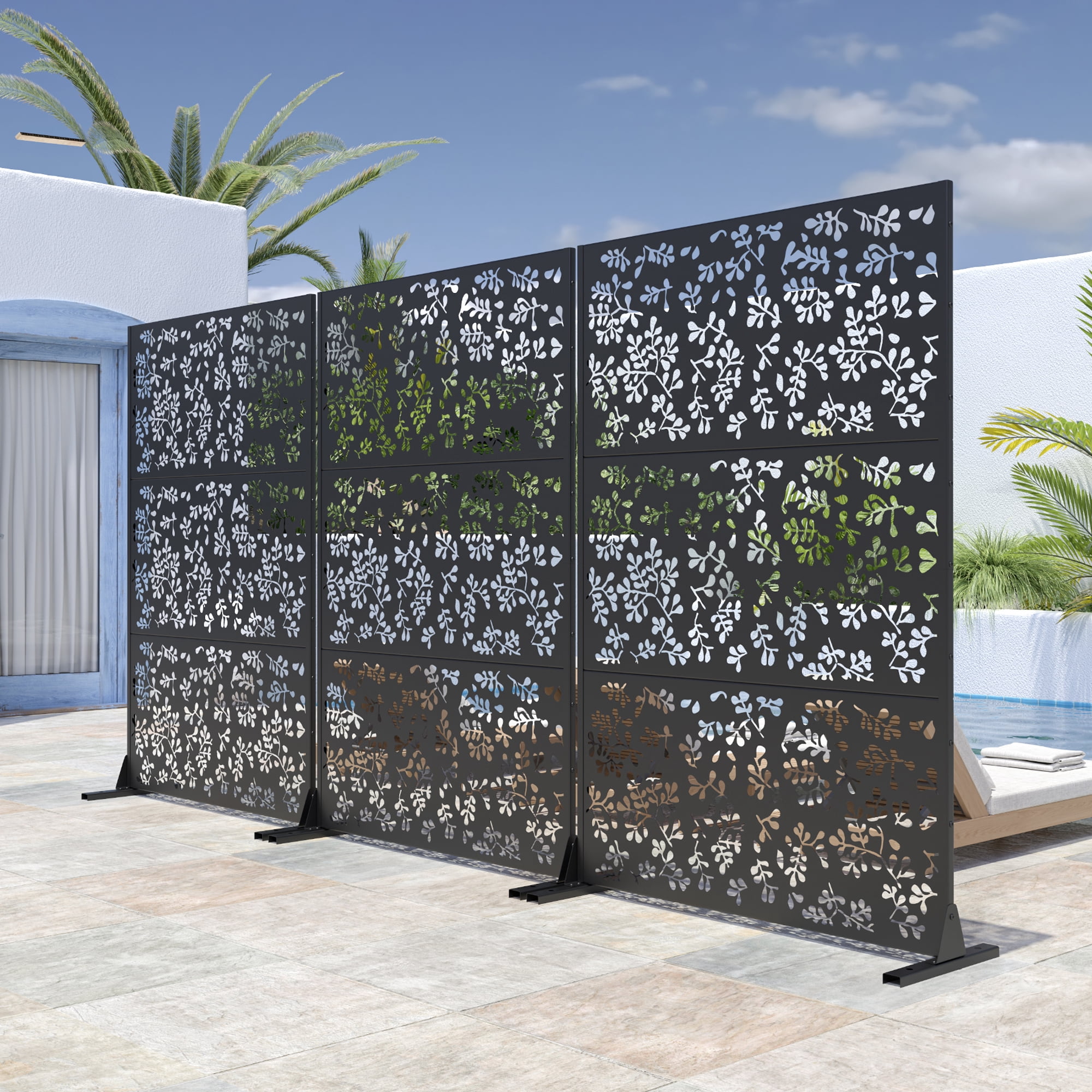MAYEERTY 72"x47" Outdoor Privacy Screen with Stand, 3 Panels Metal Balcony Decorative Screen, Black