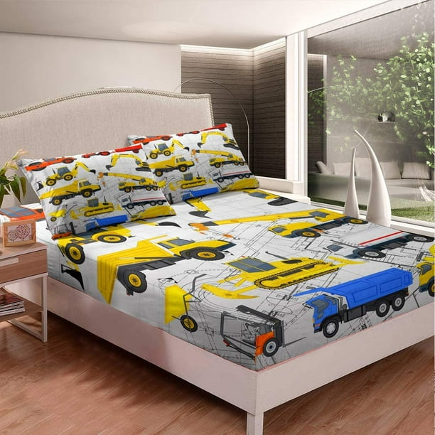 Excavator Bedding Sets Dump Truck Fitted Sheet Twin Size, Cartoom