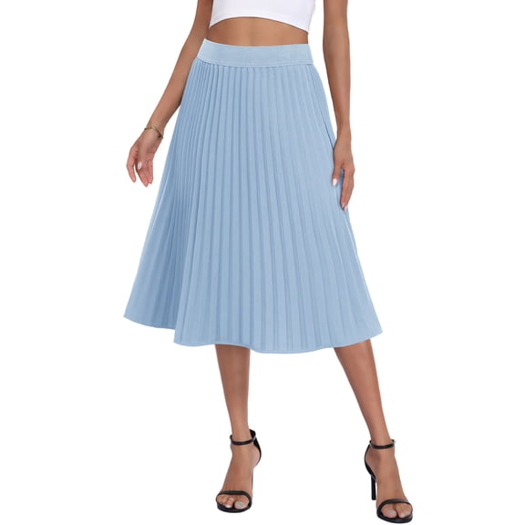 Asklazy Women's High Waist Pleated A-Line Midi Skirt,Flowy Elastic Waist Skirts for Work Casual Wear,Lucky,Light Blue,L