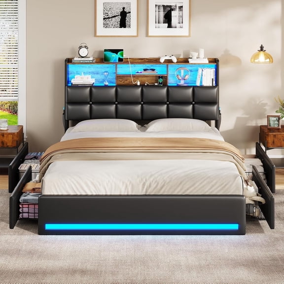 CalmOasis Full Size LED Bed Frame, PU Upholstered Platform Bed with Storage Headboard and Drawer, Charging Station, Black