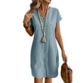 thumbnail image 2 of Women Linen Dress Spring Summer Casual Cap Sleeve V Neck Midi Button Down Shirt Dresses Lake Blue XL, 2 of 7