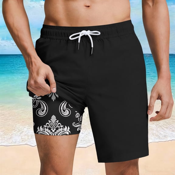 Men's Big and Tall Shorts with Pockets Elastic Waist Hawaiian Tropical Print Double-layer Drawstring Loose Beach Swim Trunks