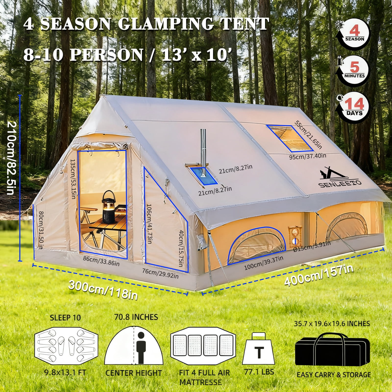 SENLEETO 13 X 10 Ft Inflatable Tents for Camping with tent fly 8 Person - 4 Season Blow Up Tent with Stove Jack And AC Port, Easy Setup Portable Air Tent for Family Glamping