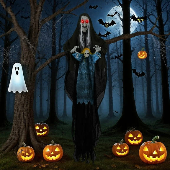 Costway Halloween Decoration 6’11” Sound-Activated Witch Holding Ghost Girl Spooky Sound