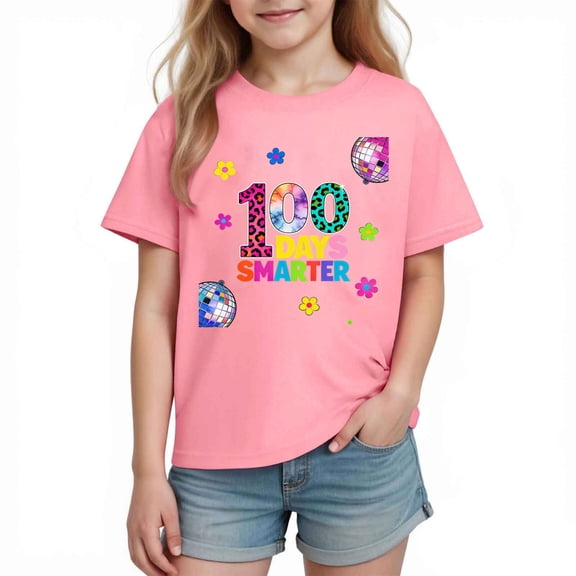 Riecok 100th Day of School Shirts Crewneck Celebration Tees Funny Colorful Printed Trendy Short Sleeve Tops