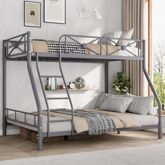 Twin Over Full Metal Bunk Bed, Heavy Duty Steel, Modern Space-Saving Bunkbeds with Guard Rails, Floral Design, Noise-Free