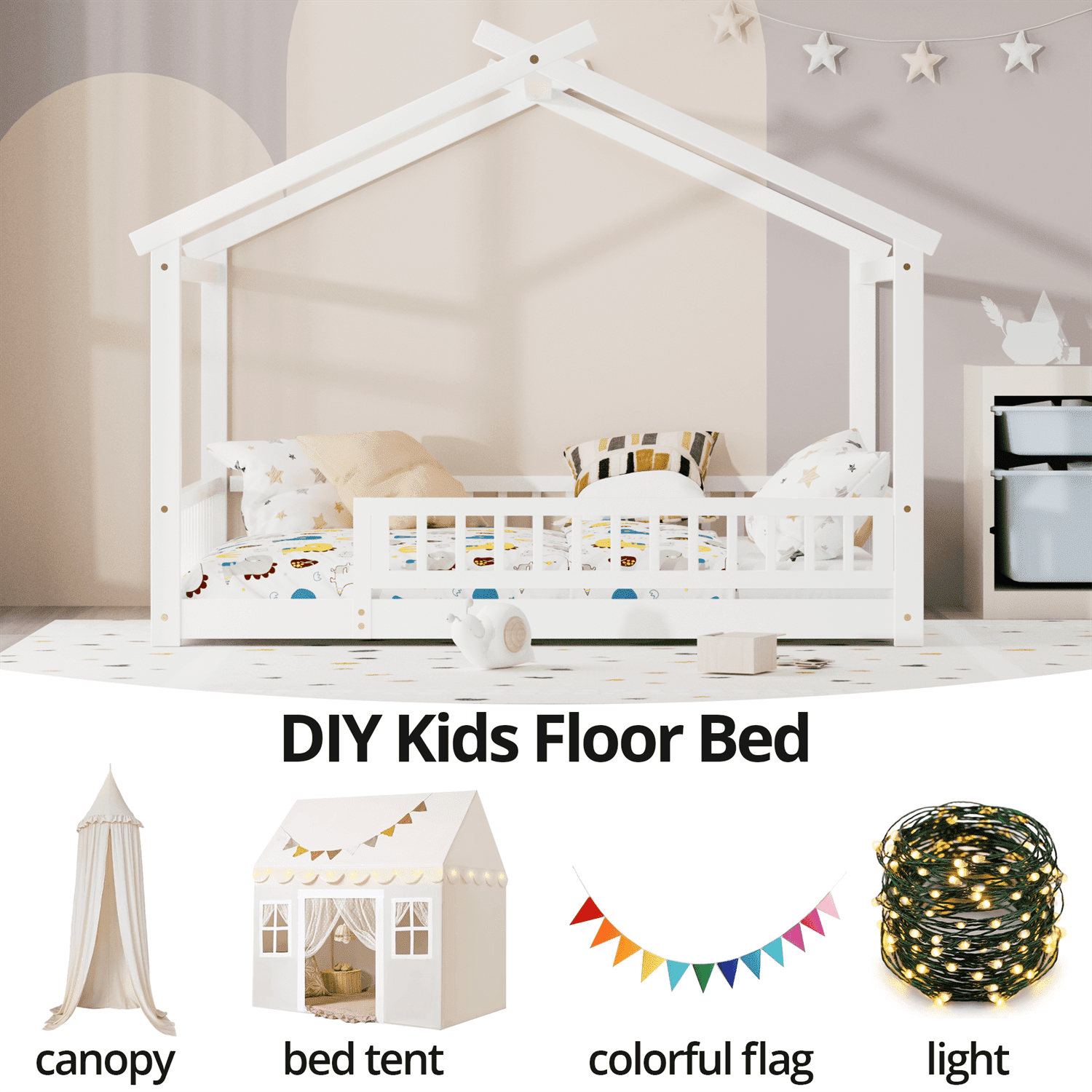 Twin Size House Floor Bed with Roof, Wooden Montessori Floor Bed Frame with Safety Fence and Wooden Slats, Montessori House Floor Bed for Boys and Girls, White